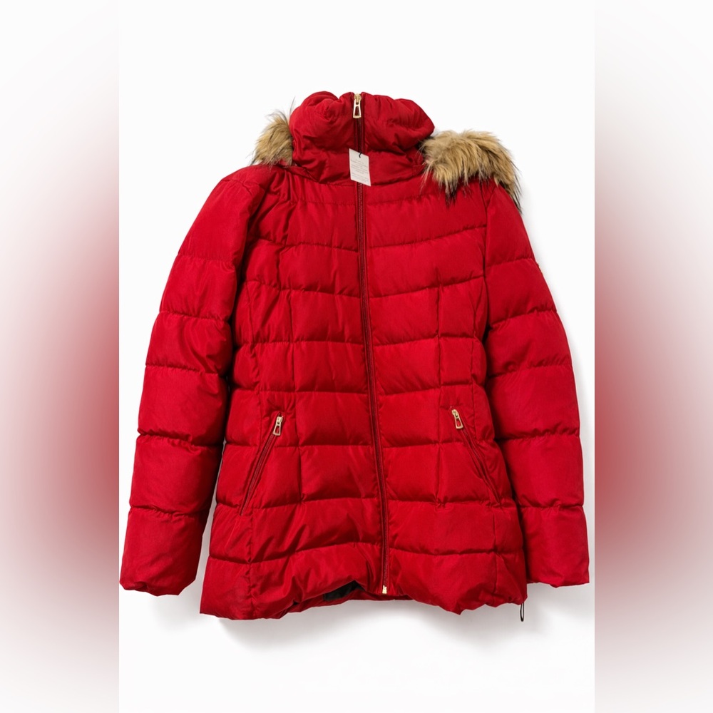 Calvin Klein Red Puffer Jacket with Faux Fur Trim